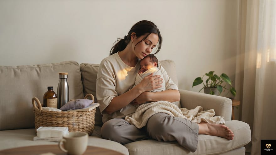Postpartum pads alongside essential postpartum recovery supplies.