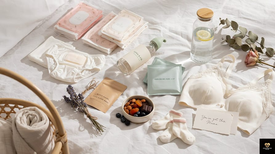 Postpartum pads alongside essential postpartum recovery supplies.